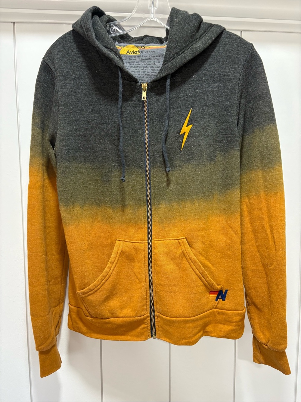 Aviator Nation Lightning Bolt Zip Up Hoodie Nugget Gold - Charcoal Ombré Size XS
